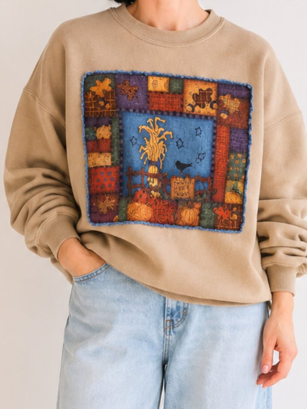 Vintage Jerzees Beige Pumpkin Patchwork Crow Autumn Harvest Sweatshirt 3X